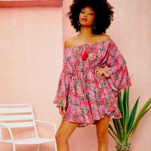 Off shoulder flounce sleeve tropical print romper